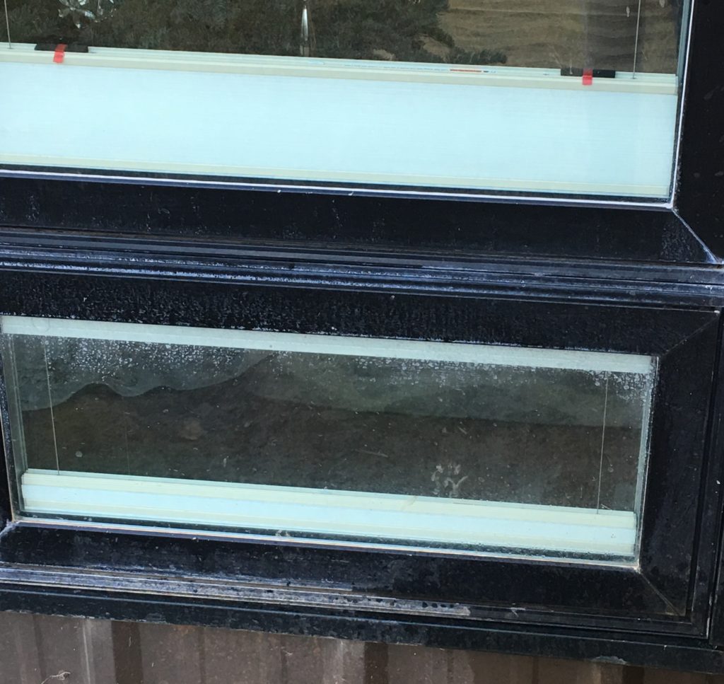 These white hard water stains on the window and frame from the sprinkler system were easy to see when we quoted this cleaning.